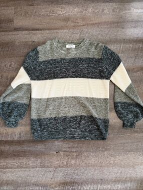 Zenana Outfitters women's Striped Crewneck Sweater in Green, Cream, and Gray